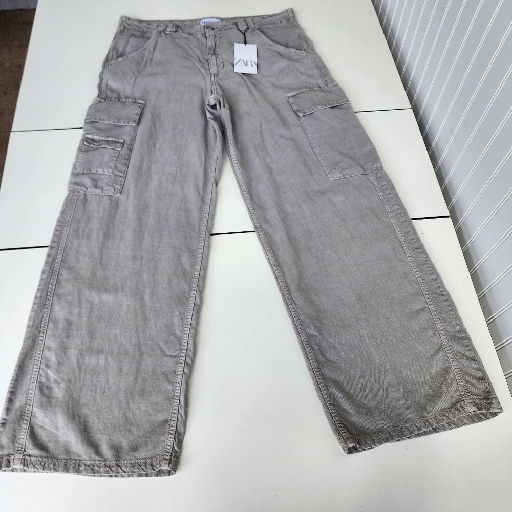 NWT $49 Zara Women Wide-Leg Cargo Pants Gray Chambray Linen Beach Boho 44 US 12